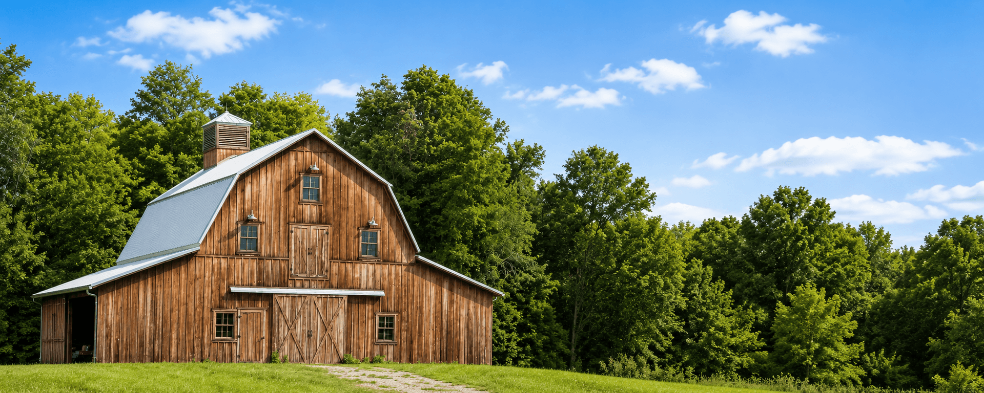 Classic wooden gambrel-roof barn with a cupola on a green hill surrounded by trees