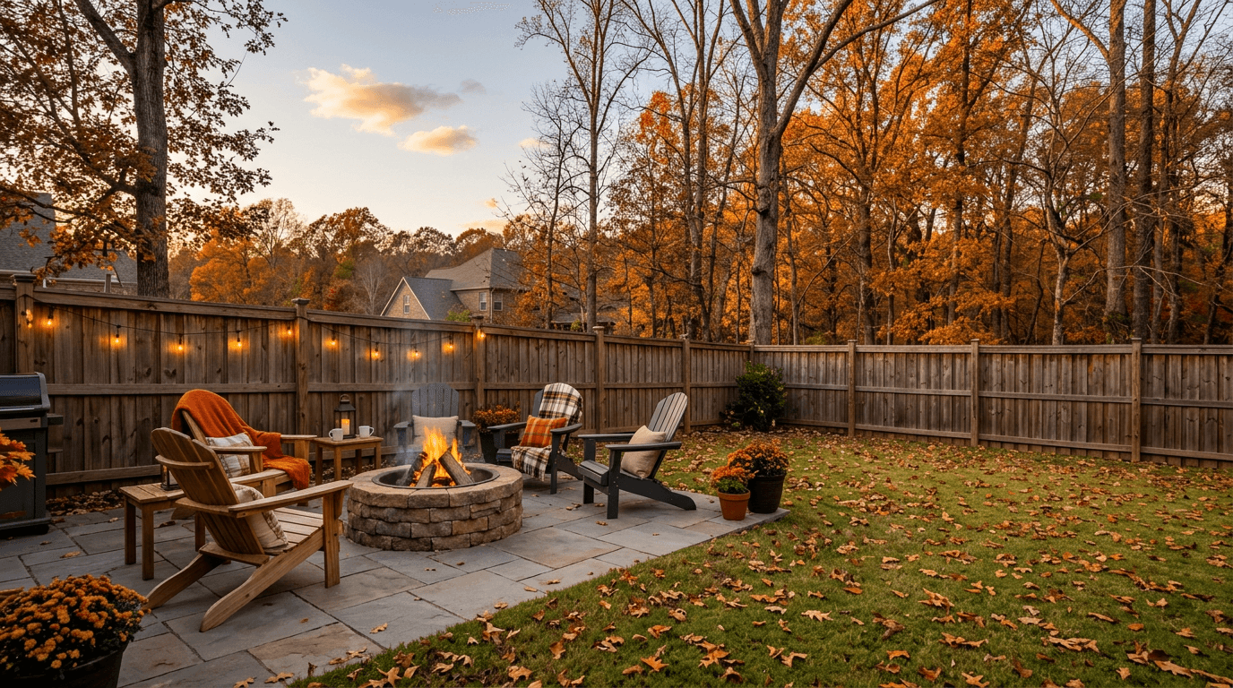 Cedar wood privacy fence enclosing a backyard patio and fire pit with bare autumn trees beyond in North Alabama